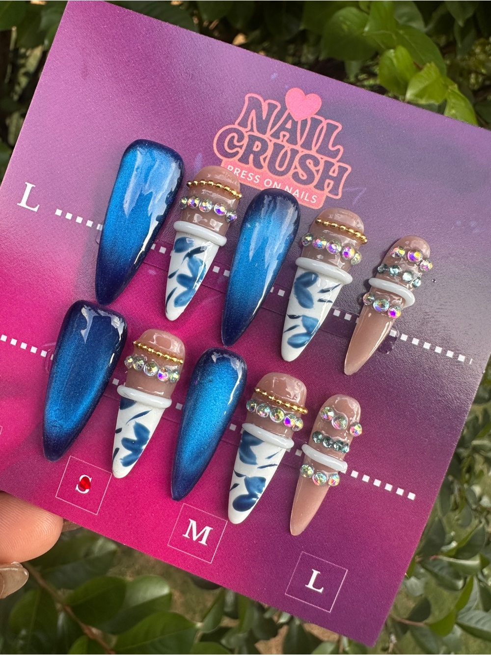 Blue & Nude Rhinestone Press-On Nails